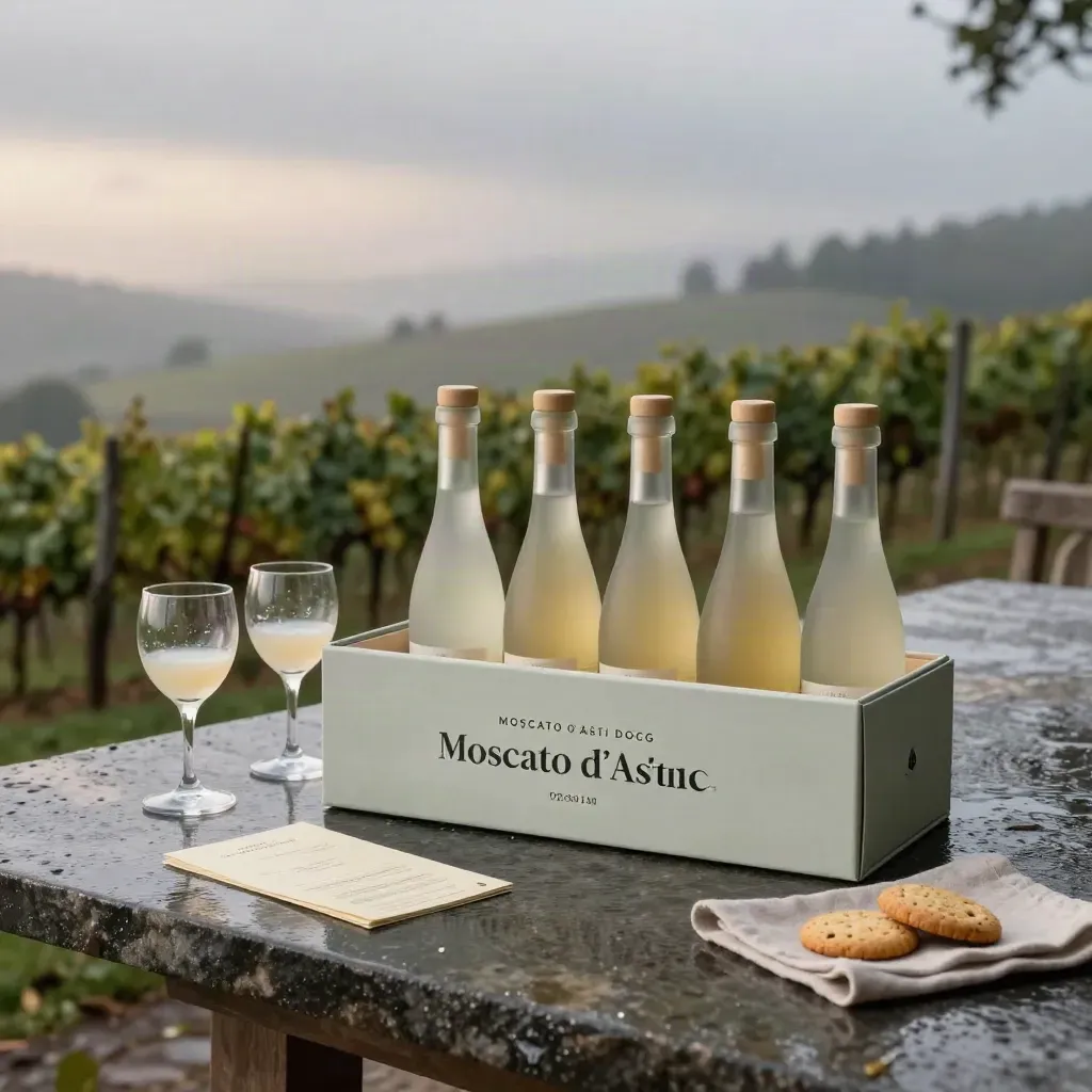 Box degustazione Moscato d’Asti con bottiglie campione, calici e biscotti su terrazza bagnata al mattino