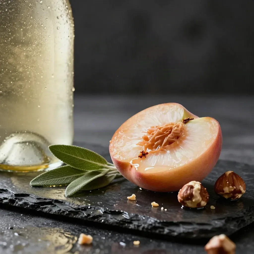 Bottiglia di Moscato d’Asti su ardesia bagnata con pesca, salvia e nocciole