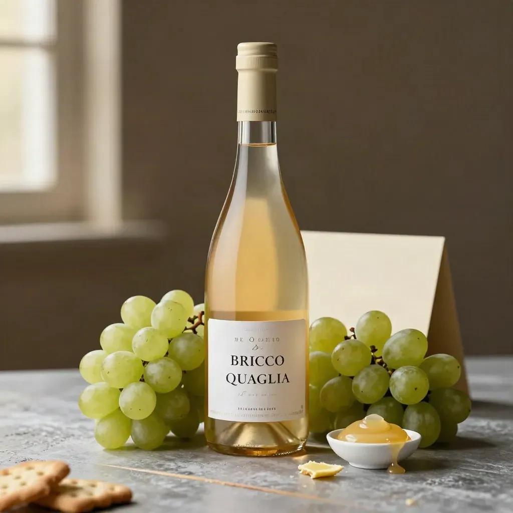 Bottiglia di Moscato d’Asti con uva, frollini e crema al miele su fondo elegante.