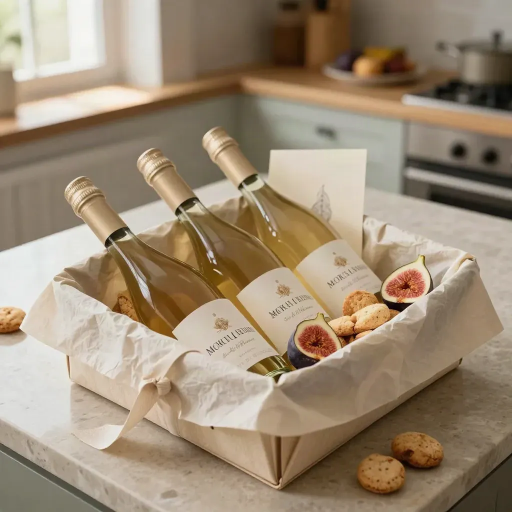 Cestino regalo con tre bottiglie di Moscato d’Asti, fichi freschi, amaretti e carta velina crema.