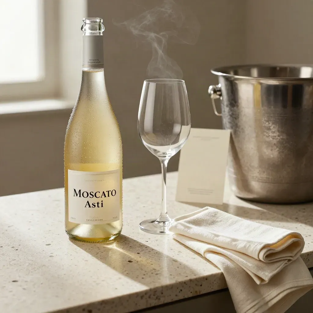 Bottiglia nuda di Moscato d’Asti, calice tulipano, secchiello e lino su travertino.