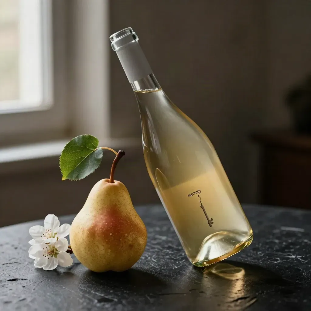 Bottiglia di Moscato d’Asti con pera, fiori bianchi e foglia di vite su fondo scuro.