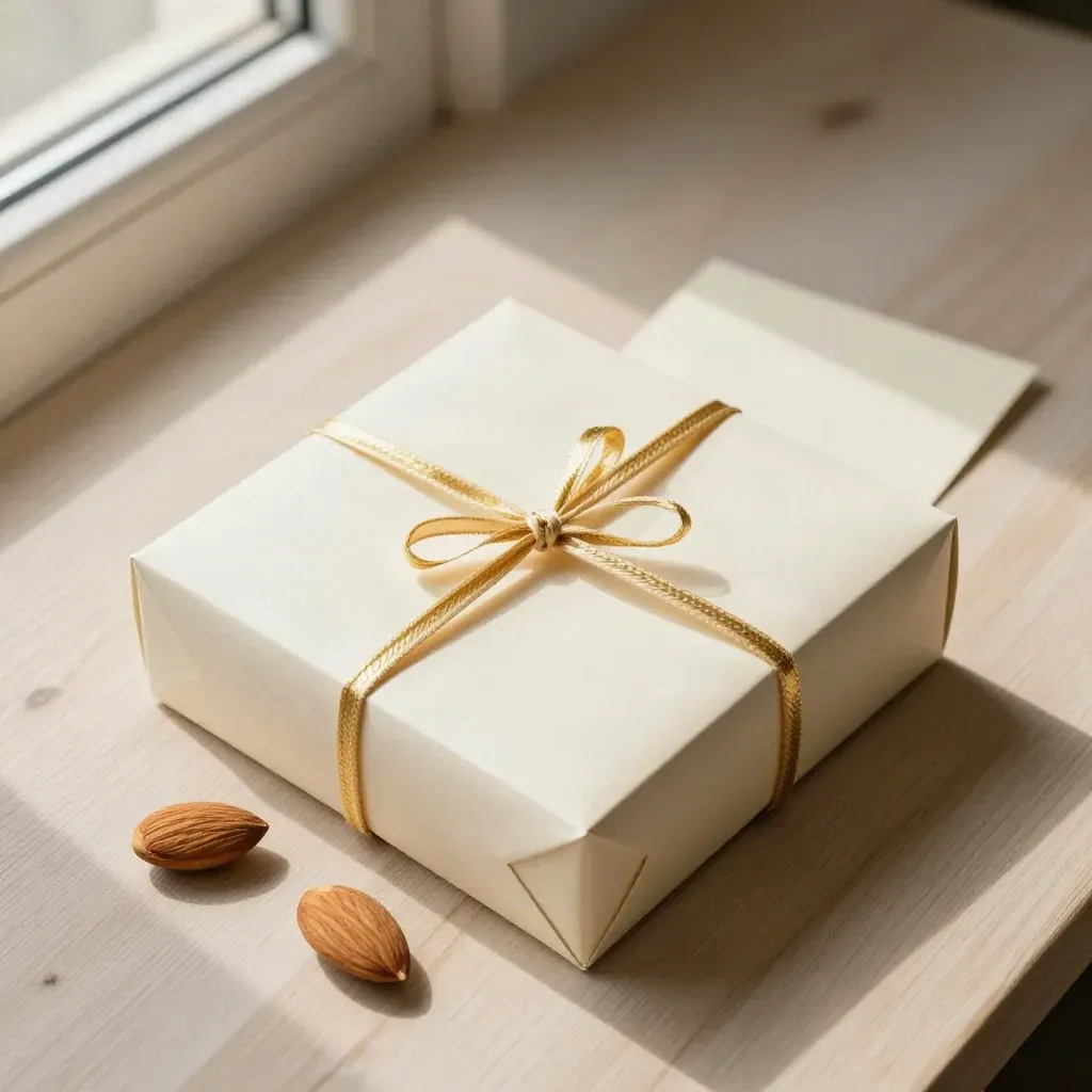 Cofanetto regalo Asti con carta velina, fiocco e due amaretti su legno chiaro.