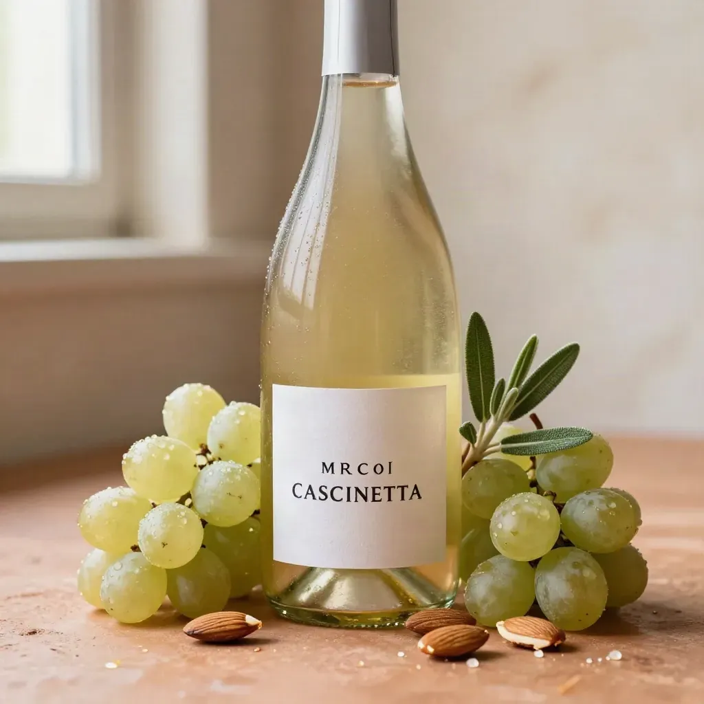 Bottiglia di Moscato d’Asti con uva bianca, croccante di mandorle e salvia su fondo terracotta.
