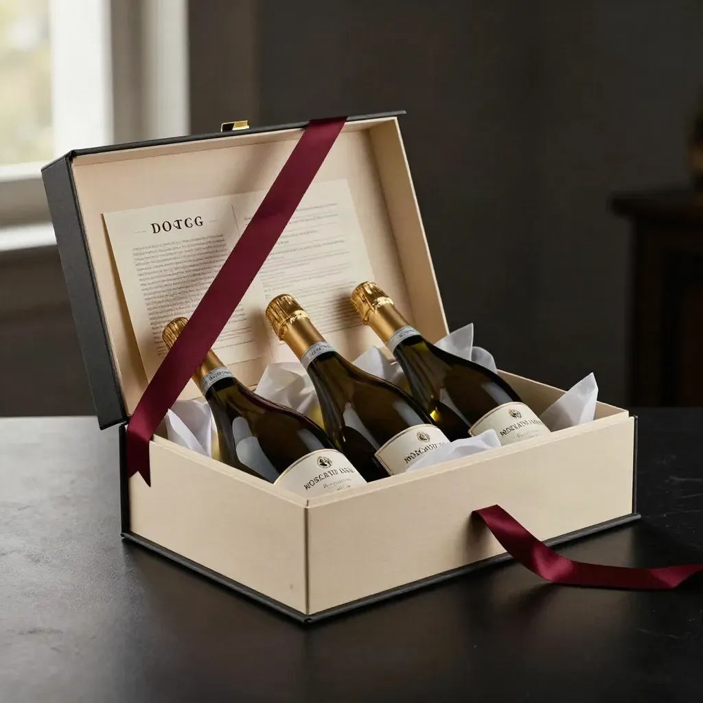 Box regalo degustazione DOCG con tre bottiglie, veli di carta e nastro borgogna su fondo scuro.