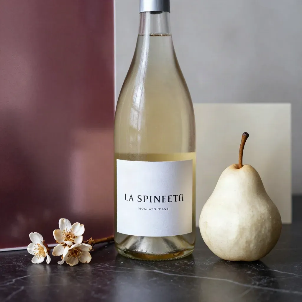 Bottiglia nude di Moscato d’Asti con pera bianca, fiori secchi e vetro satinato su marmo scuro.