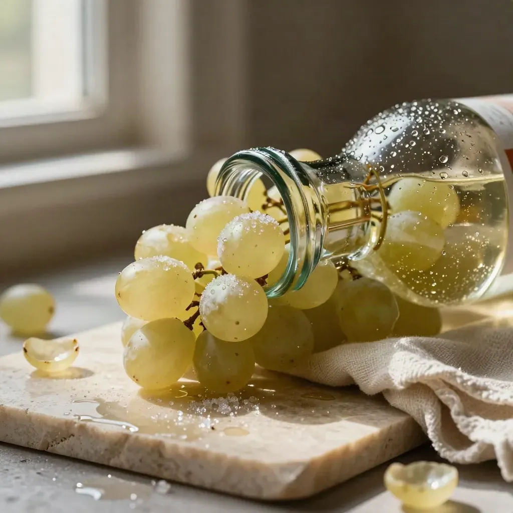 Bottiglia nuda di Moscato d’Asti con uva, cristalli di zucchero e lino su lastra di pietra chiara.
