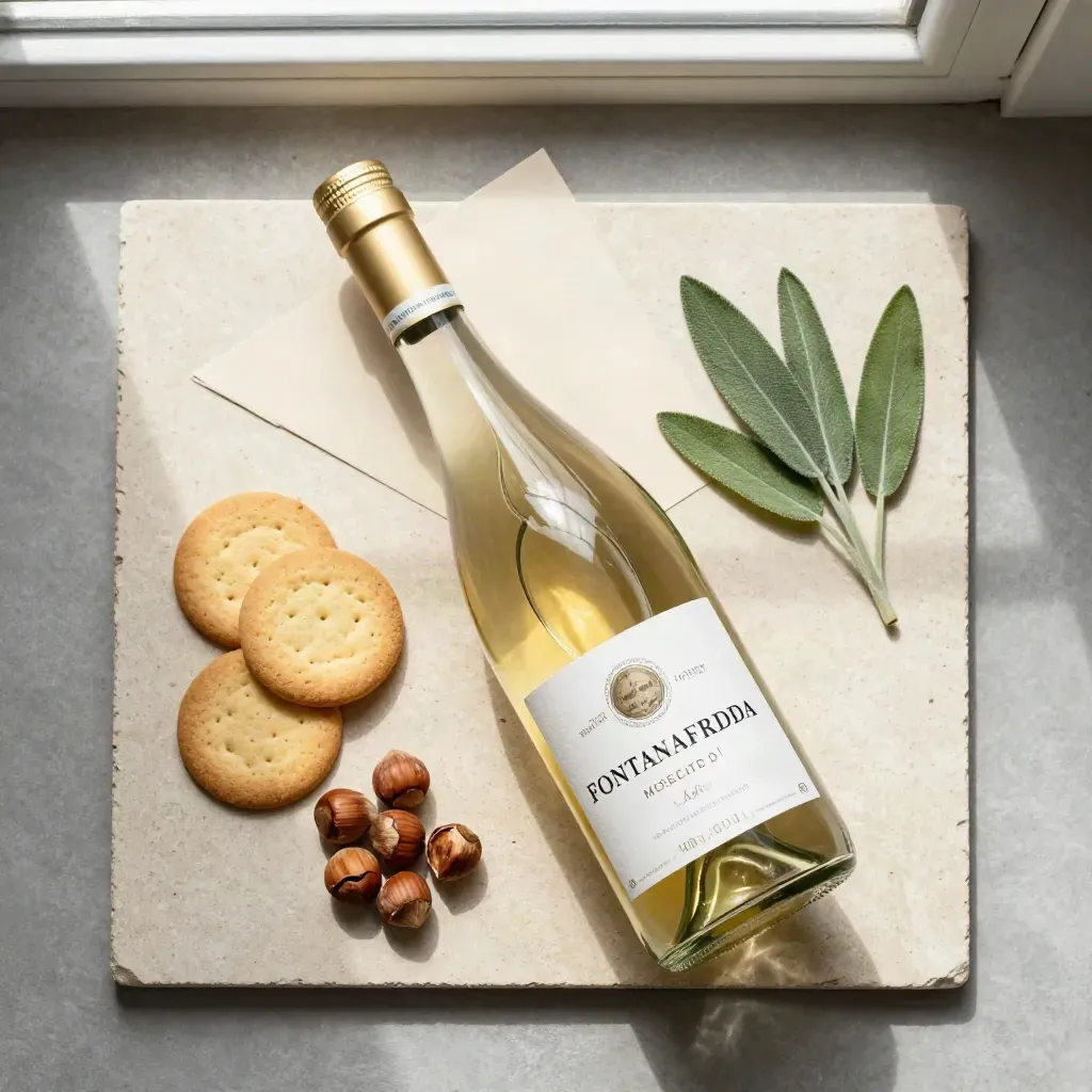 Bottiglia di Moscato d’Asti, biscotti fini, nocciole e foglia di salvia su pietra chiara.