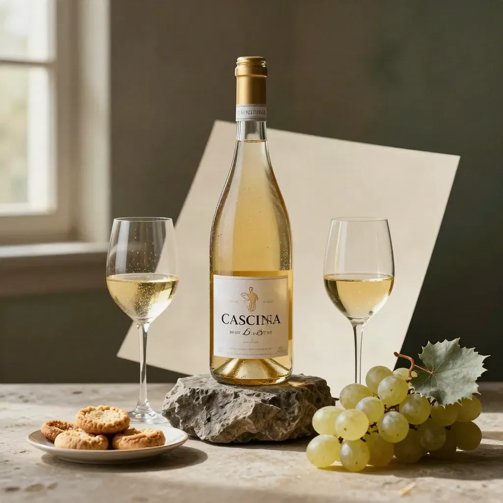 Bottiglia nuda di Moscato d’Asti con due calici, uva bianca e pasticcini su fondo scuro.