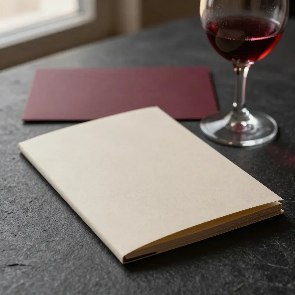 Libretto neutro, busta in carta e calice satinato su fondo scuro, luce calda e diagonale elegante.