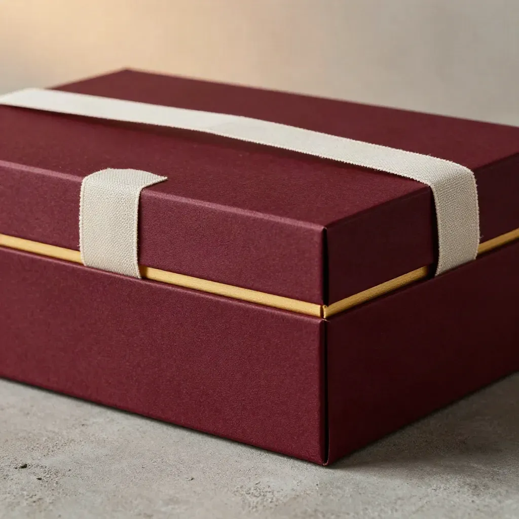 Cofanetto regalo borgogna rigido con nastro su lino e velina, in luce calda radente.