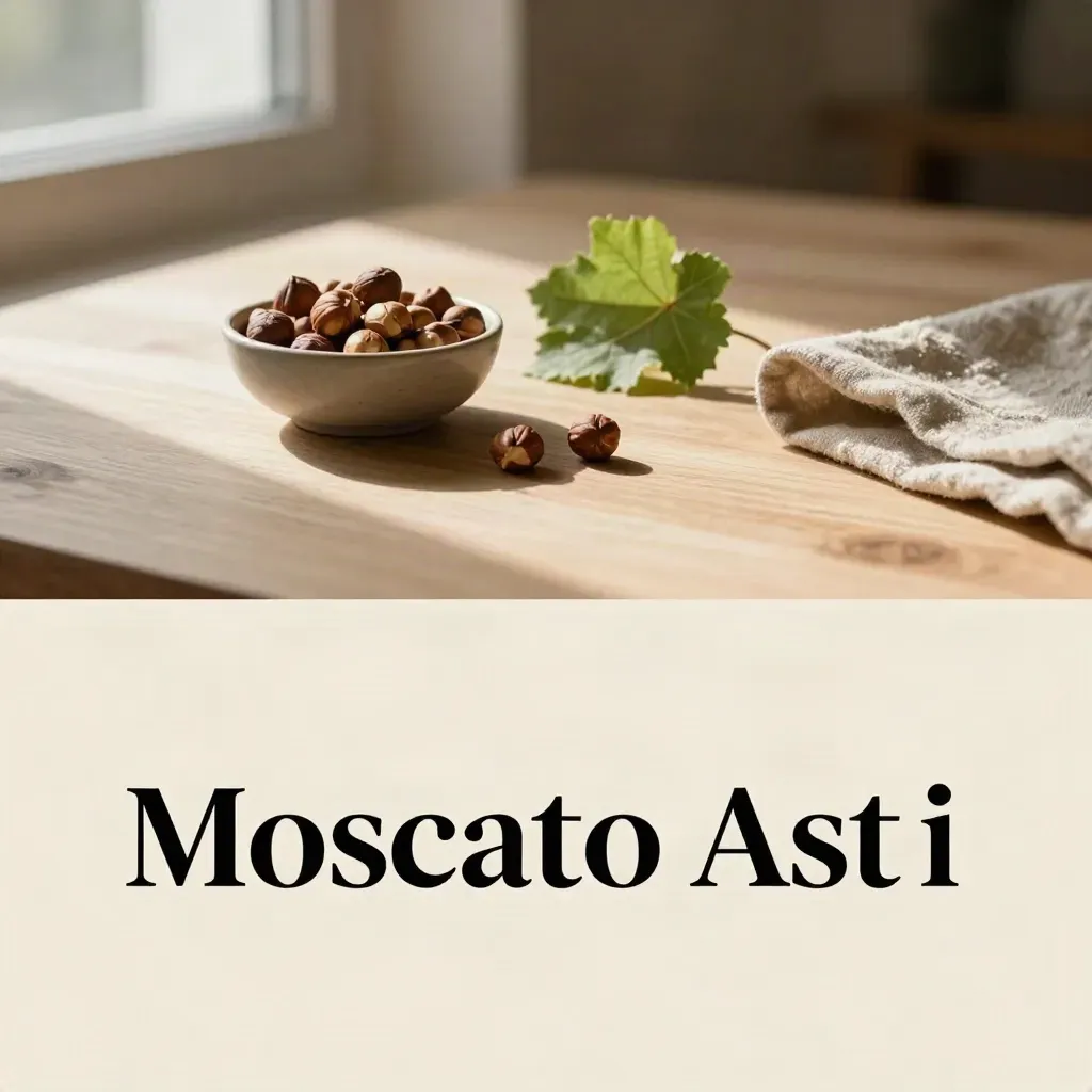 Ciotola di nocciole e foglia di vite su rovere chiaro, con luce morbida e riflessi sfocati.