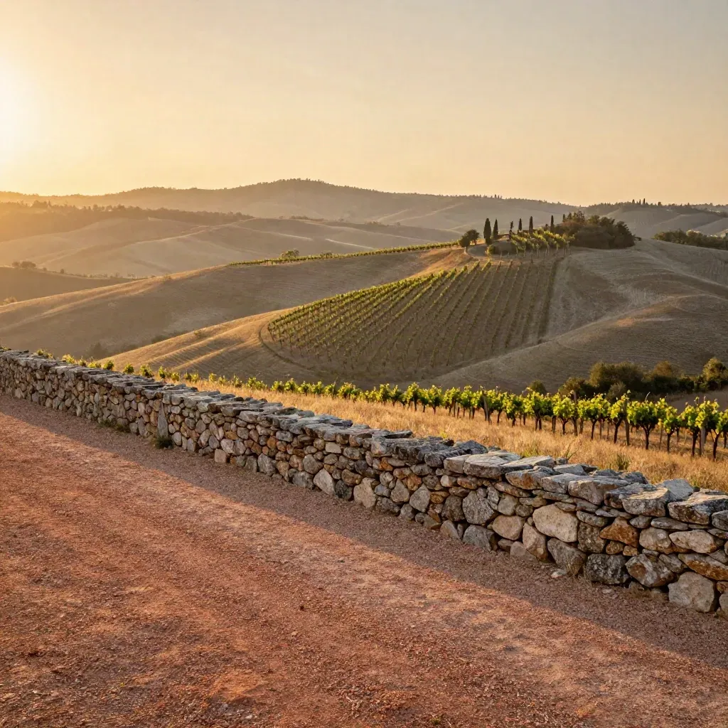 Terrazza langarola al tramonto con filari di viti, muro in pietra e cielo dorato